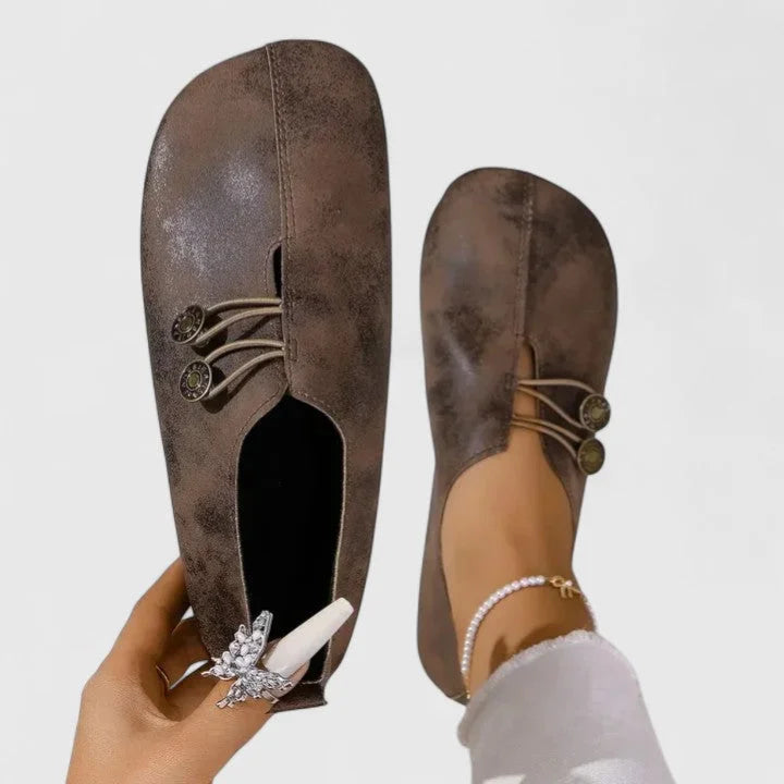 Women's casual distressed slip-on loafers with button-loop detail – Dark Brown