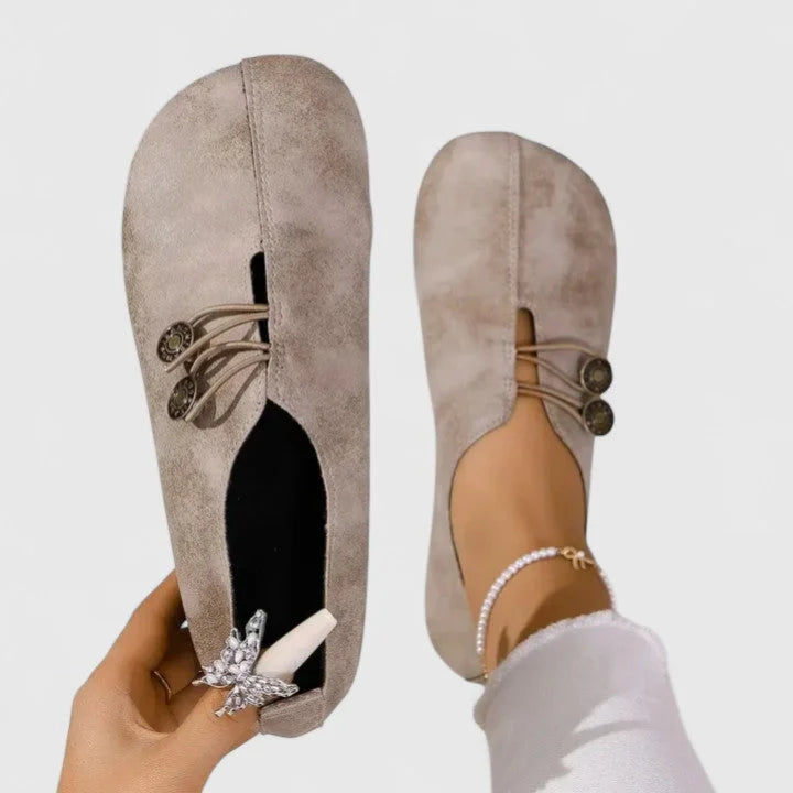Women's casual distressed slip-on loafers with button-loop detail – Light Brown