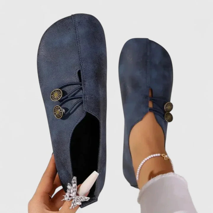 Women's casual distressed slip-on loafers with button-loop detail – Navy Blue