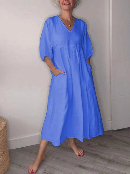 Women's casual draped A-line midi dress with V-neck 3/4 sleeve and pockets – White