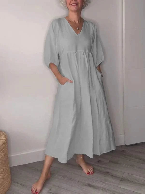 Women's casual draped A-line midi dress with V-neck 3/4 sleeve and pockets – White