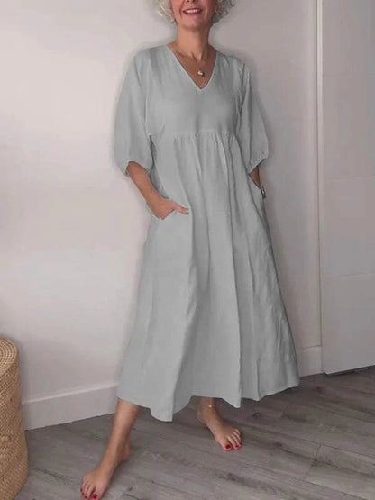 Women's casual draped A-line midi dress with V-neck 3/4 sleeve and pockets – White