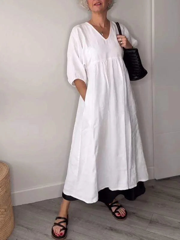 Women's casual draped A-line midi dress with V-neck 3/4 sleeve and pockets – White