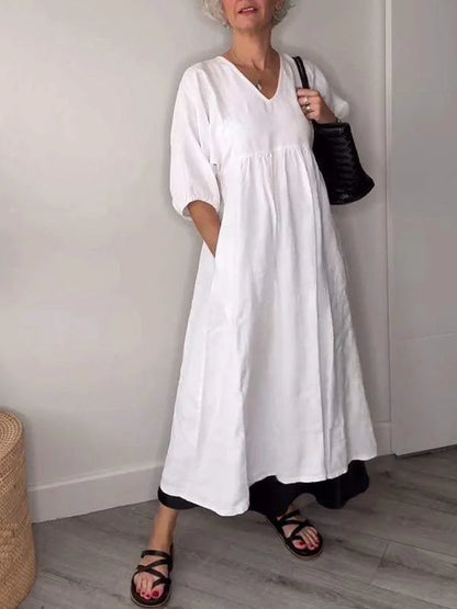 Women's casual draped A-line midi dress with V-neck 3/4 sleeve and pockets – White