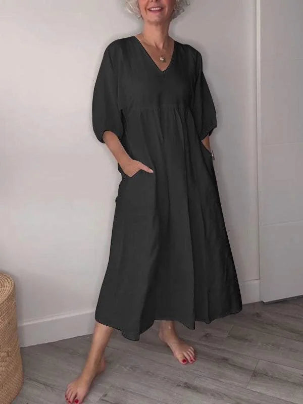 Women's casual draped A-line midi dress with V-neck 3/4 sleeve and pockets – White