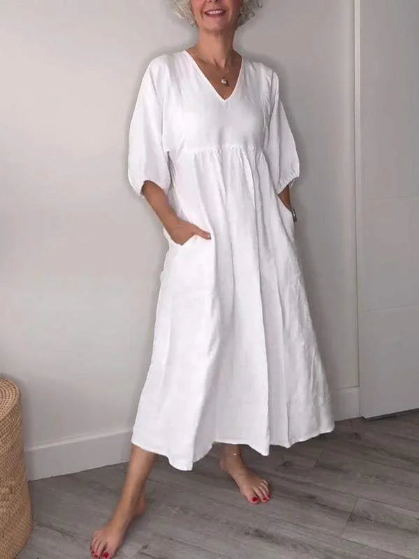 Women's casual draped A-line midi dress with V-neck 3/4 sleeve and pockets – White