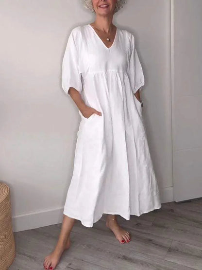 Women's casual draped A-line midi dress with V-neck 3/4 sleeve and pockets – White