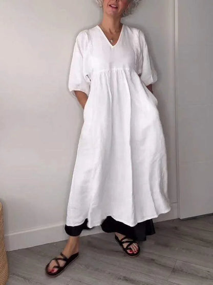Women's casual draped A-line midi dress with V-neck 3/4 sleeve and pockets – White