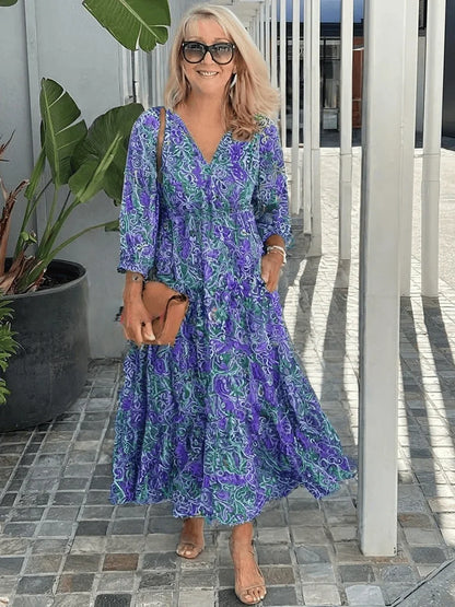 Women's casual floral boho maxi dress with V-neck and 3/4 sleeves