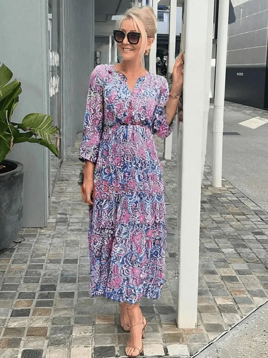 Women's casual floral boho maxi dress with V-neck and 3/4 sleeves