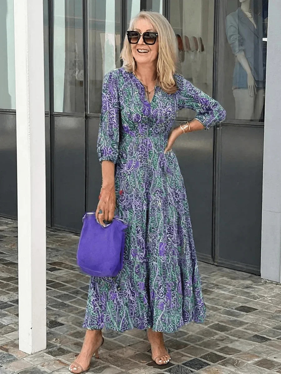 Women's casual floral boho maxi dress with V-neck and 3/4 sleeves – Blue