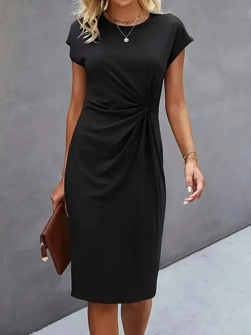 Women's casual knit short sleeve midi dress with twist-front round neck – Black