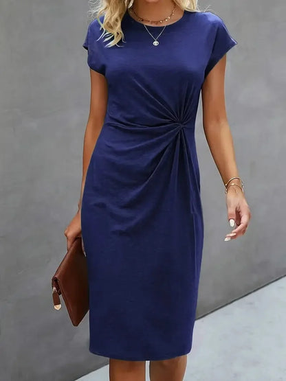 Women's casual knit short sleeve midi dress with twist-front round neck – Blue