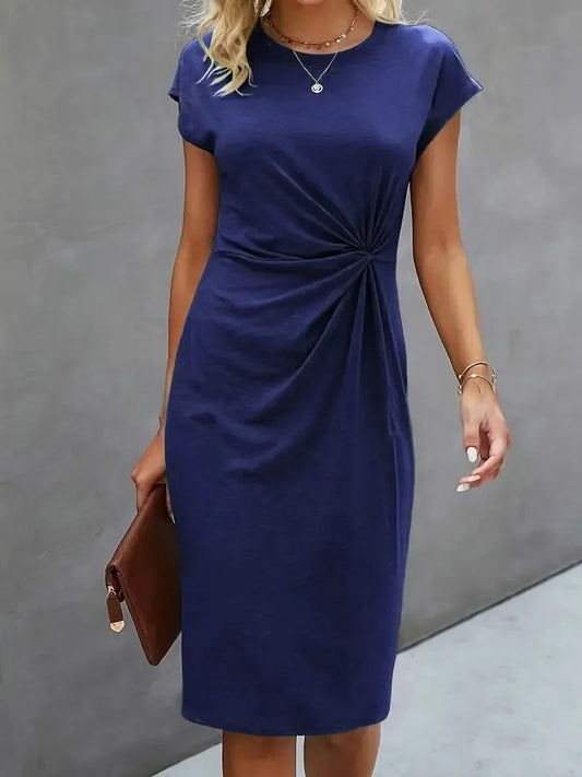 Women's casual knit short sleeve midi dress with twist-front round neck – Blue
