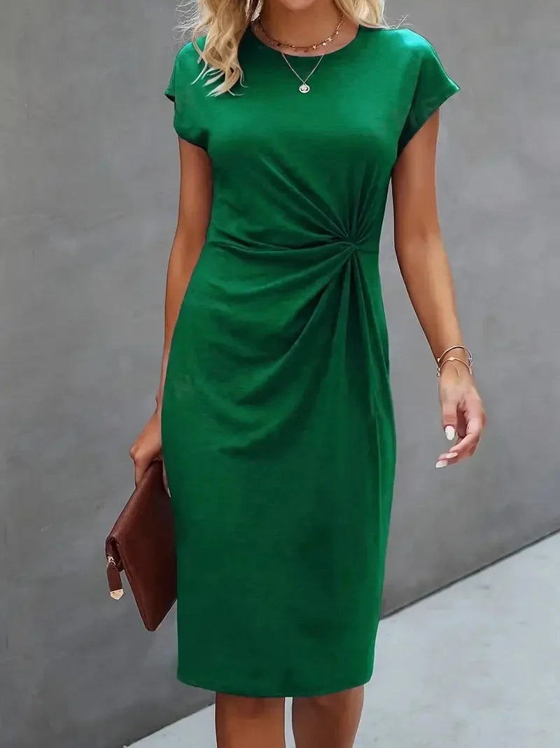 Women's casual knit short sleeve midi dress with twist-front round neck – Green