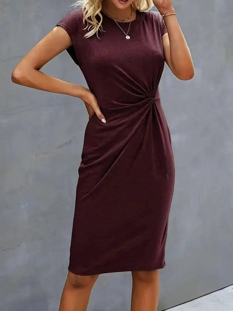 Women's casual knit short sleeve midi dress with twist-front round neck – Red
