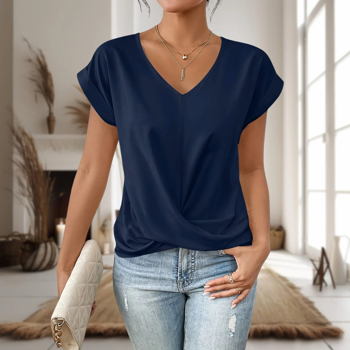 Women's casual knit short-sleeve V-neck tee shirt with twist-front hem – Blue