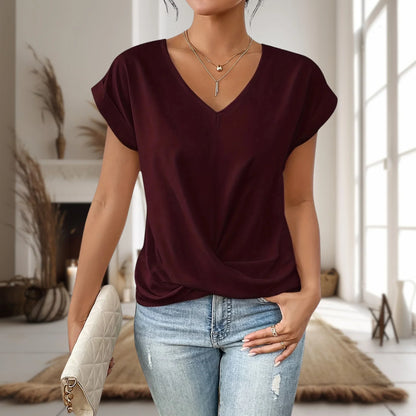 Women's casual knit short-sleeve V-neck tee shirt with twist-front hem – Burgundy red