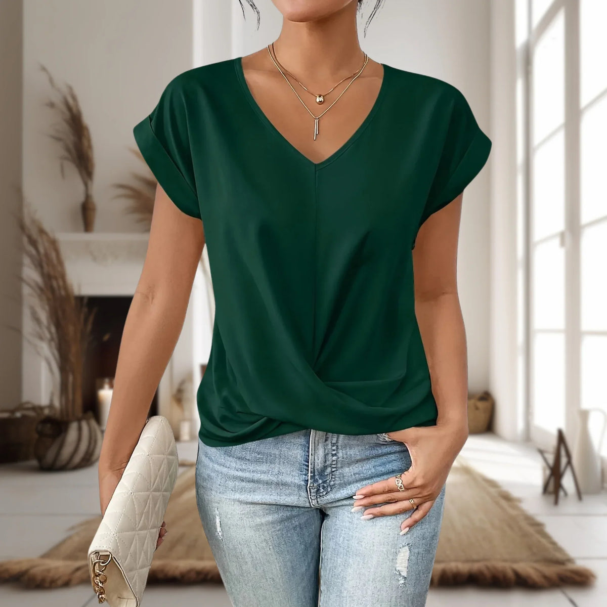Women's casual knit short-sleeve V-neck tee shirt with twist-front hem – Green
