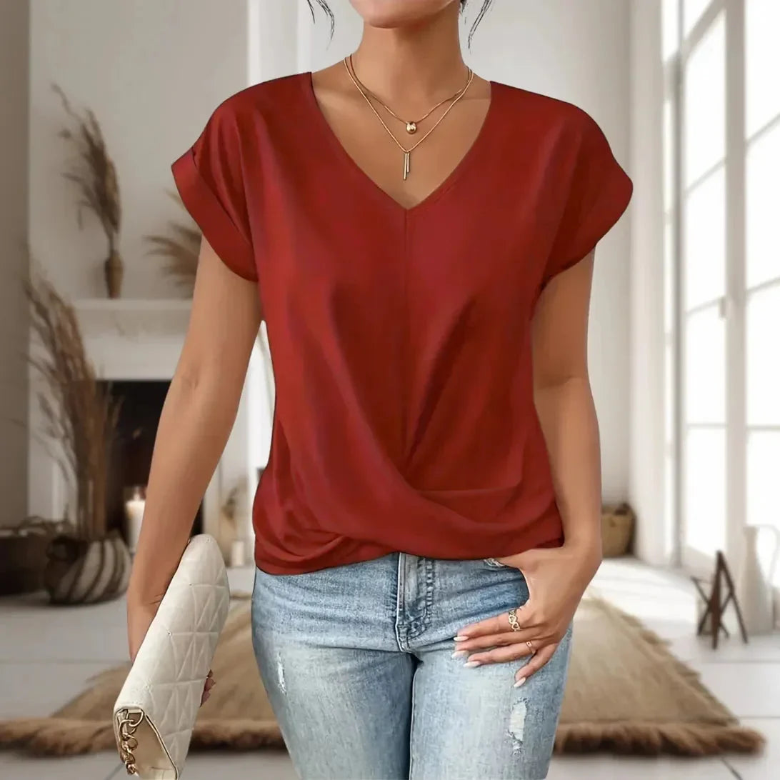 Women's casual knit short-sleeve V-neck tee shirt with twist-front hem – Red