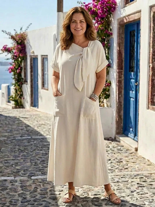 Women's casual maxi dress with tie-neck short sleeves and front pockets – Beige