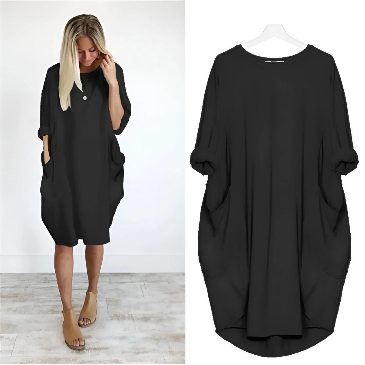 Women's casual oversized midi dress with 3/4 sleeve and patch pockets – Black