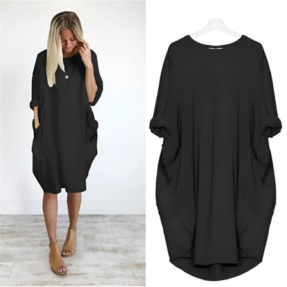 Women's casual oversized midi dress with 3/4 sleeve and patch pockets – Black