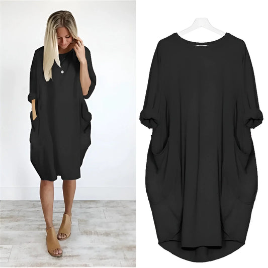 Women's casual oversized midi dress with 3/4 sleeve and patch pockets – Black