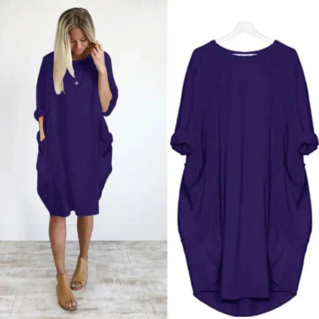 Women's casual oversized midi dress with 3/4 sleeve and patch pockets – Blue