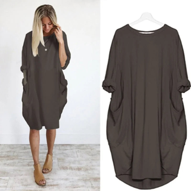 Women's casual oversized midi dress with 3/4 sleeve and patch pockets – Dark Brown