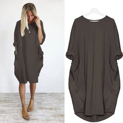 Women's casual oversized midi dress with 3/4 sleeve and patch pockets – Dark Brown