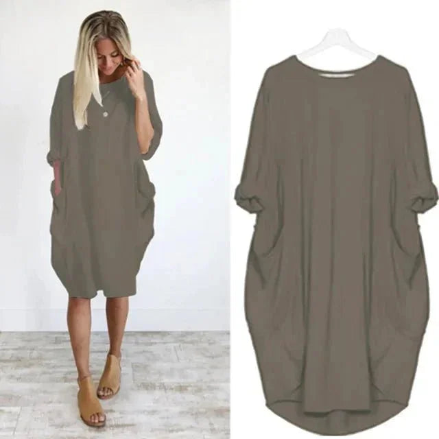 Women's casual oversized midi dress with 3/4 sleeve and patch pockets – Dark Grey