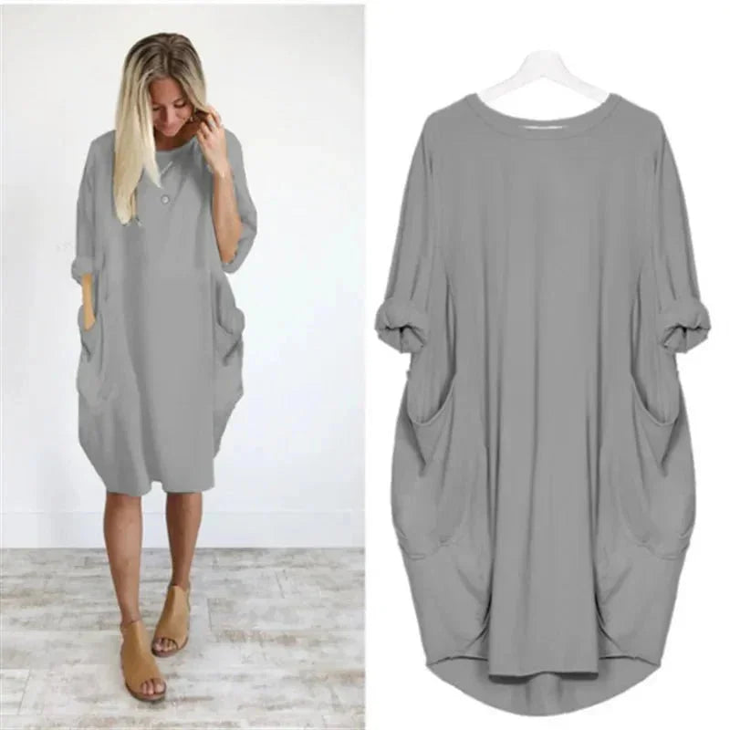 Women's casual oversized midi dress with 3/4 sleeve and patch pockets – Grey
