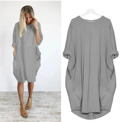 Women's casual oversized midi dress with 3/4 sleeve and patch pockets – Grey