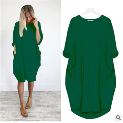 Women's casual oversized midi dress with 3/4 sleeve and patch pockets – Green