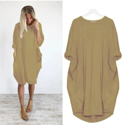 Women's casual oversized midi dress with 3/4 sleeve and patch pockets – Khaki