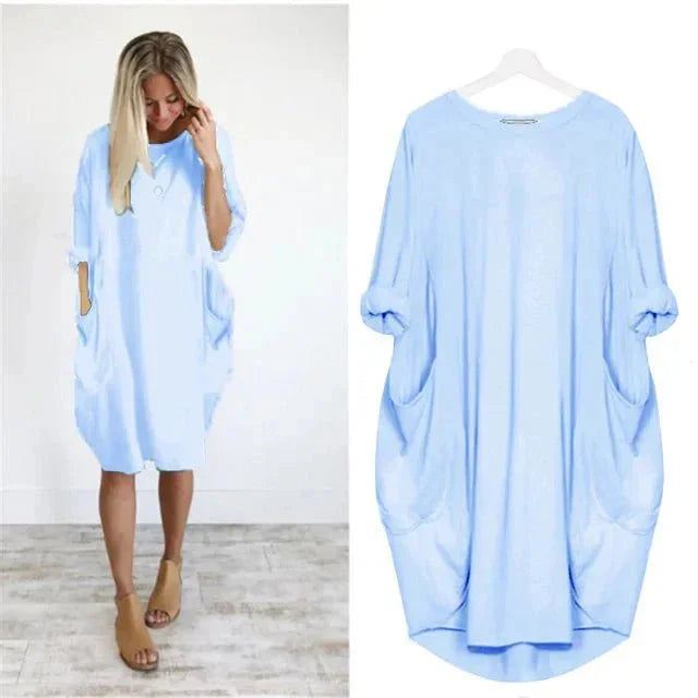 Women's casual oversized midi dress with 3/4 sleeve and patch pockets – Light Blue