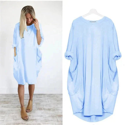 Women's casual oversized midi dress with 3/4 sleeve and patch pockets – Light Blue
