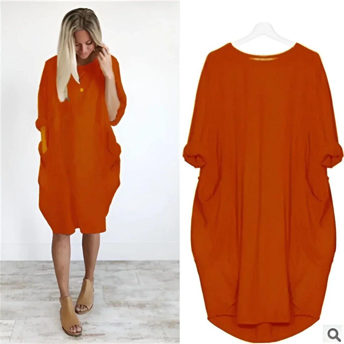 Women's casual oversized midi dress with 3/4 sleeve and patch pockets – Orange