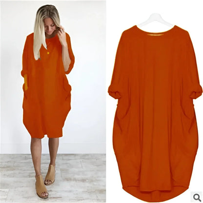 Women's casual oversized midi dress with 3/4 sleeve and patch pockets – Orange