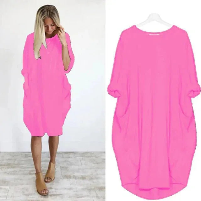 Women's casual oversized midi dress with 3/4 sleeve and patch pockets – Pink
