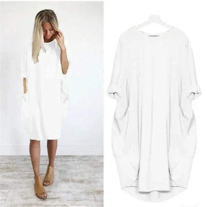 Women's casual oversized midi dress with 3/4 sleeve and patch pockets – White