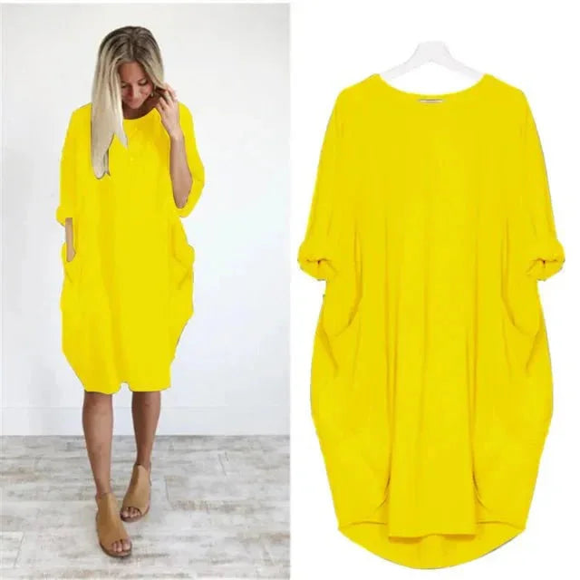 Women's casual oversized midi dress with 3/4 sleeve and patch pockets – Yellow