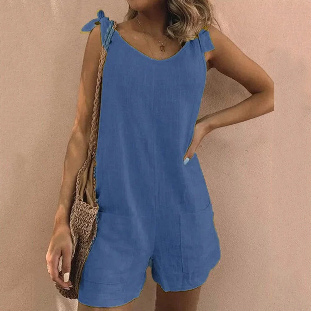 Women's casual short jumpsuit women with bow-tie straps and patch pockets – Blue