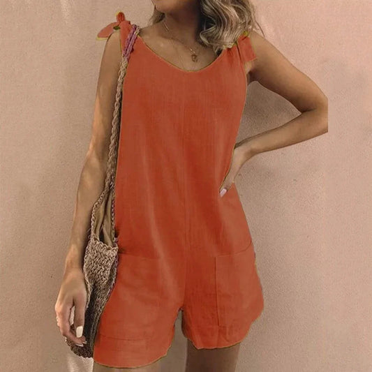 Women's casual short jumpsuit women with bow-tie straps and patch pockets – Orange