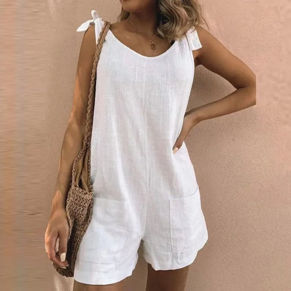 Women's casual short jumpsuit women with bow-tie straps and patch pockets – White