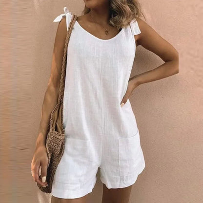 Women's casual short jumpsuit women with bow-tie straps and patch pockets – White