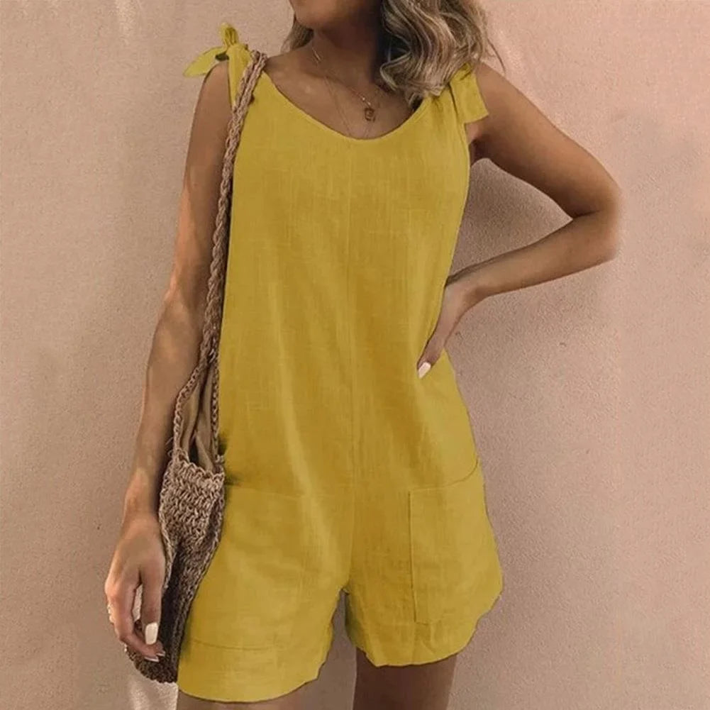 Women's casual short jumpsuit women with bow-tie straps and patch pockets – Yellow