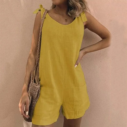 Women's casual short jumpsuit women with bow-tie straps and patch pockets – Yellow