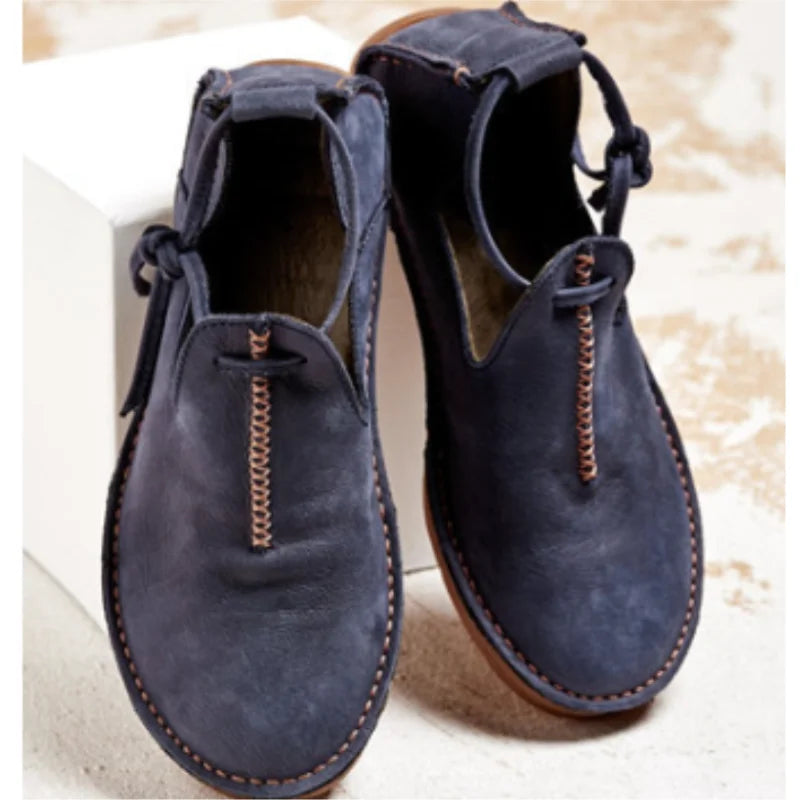 Women's casual suede lace-up flat shoes with decorative stitching – Blue